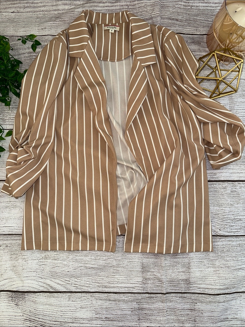 Andree Beige and White Vertical-Stripe Open Blazer
